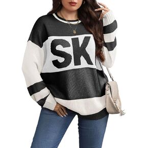 Beautife Womens Plus Size Ski Print Color Block Sweater Fall Trendy Crew Neck Long Sleeve Loose Pullover Knit Tops