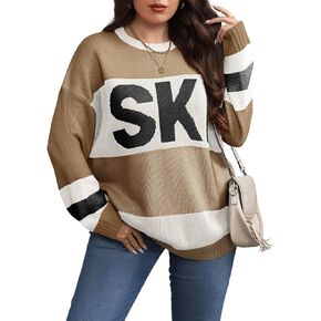 Beautife Womens Plus Size Ski Print Color Block Sweater Fall Trendy Crew Neck Long Sleeve Loose Pullover Knit Tops