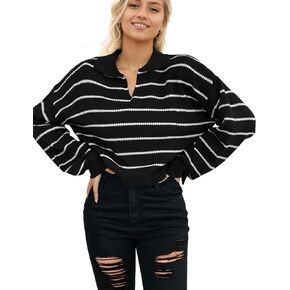 Zilcremo Women Fall Long Sleeve V Neck Striped Sweater Loose Fit Knitted Pullover Sweater Jumper Top