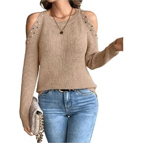 MakeMeChic Women's Pearls Cold Shoulder Crew Neck Cut Out Long Sleeve Sweater Pullover Top