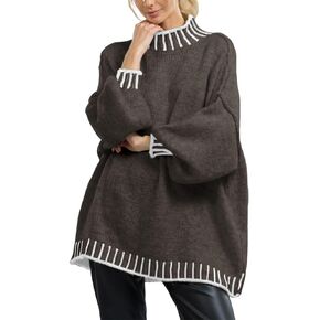 UANEO 2024 Womens Mock Neck Chunky Sweaters Fall Casual Long Sleeve Contrast Knit Pullover Oversized Sweater Tops