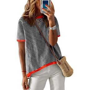 Womens Sweaters Casual Crewneck Short Sleeve Striped Color Block Knitted Cotton Trendy Pullover Sweater Tops