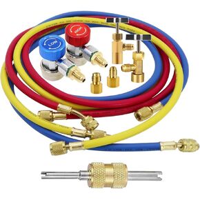 36" AC Refrigerant Gauge Hose Set | Works with R12, R22, R502, R134a | 4000-800 PSI High Pressure | Durable Brass & Rubber | Includes Quick Couplers & Can Tap Valve | Ideal for Automotive HVAC Systems