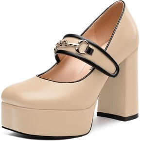 JUSTDANNI Women's Mary Jane Heels Platform High Chunky Heel Square Closed Toe Pumps Comfortable Single Strap Dress Shoes for Wedding Party Office