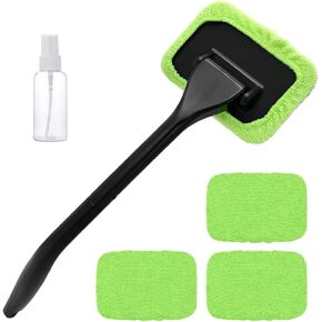 Car Windshield Cleaning Tool, Microfiber Auto Window Cleaner with 4 Cloth Pads & Long Handle, Reusable Window Cleaning Tool Kit for RV SUV Truck, Car Accessories (Green)