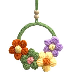 Cute Green Knit Car Crochet Handing Plant Suspension Orchid Potted Crochet Hand Woven Rearview Mirror Accessories