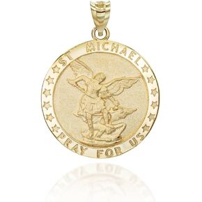 Solid 10K and 14K Yellow Gold 1" Round Saint Michael The Archangel Pray For Us Medal Pendant Necklace - Choose Pendant Only or Necklace w/ 16"-22" Chain