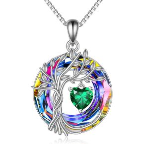 POPLYKE Tree of Life Necklace for Women 925 Sterling Silver Birthstone Pendant Necklaces with Crystal Anniversary Birthday Christmas Wedding Jewelry for Women