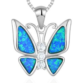 Opal Necklace for Women Butterfly Pendant Created White/Blue Opal Jewelry