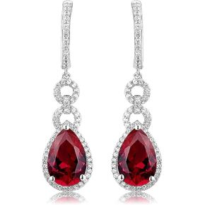 8.00 Cttw Pear Shape Cut Lab-Grown Rubi Dangling Earrings with White Sapphire Halo Hanging on Half Eternity White Sapphire 14K Yellow Gold Over Silver Comes With Gift Box