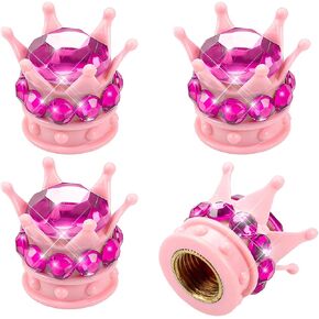 4 PCS Crown Tire Stem Valve Caps, Bling Rhinestone Crown Tire Copper Core Stem Valve Caps, Sparkling Crown Air Stem Caps Cover for Auto Bicycle Motorcycle, Car Accessories (Pink)