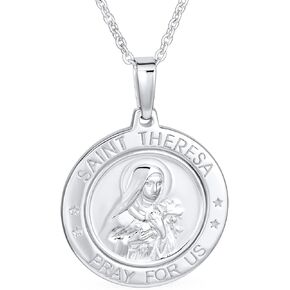 Personalized Unisex Religious Medal Medallion Oval Round Saint Theresa Saint Christopher Pendant Necklace For Women Mens Teen Oxidized .925 Sterling Silver Customizable