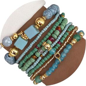 IFKM 8PCS Beaded Bracelets for Women, Multilayered Stackable Strand Stretch Bead Bracelet Pack Handmade Trendy Bohemian Charm Jewelry
