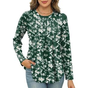 IECCP Tunic Tops for Women Loose Fit Dressy Henley Long Sleeve Pleated Floral Print Button Up Blouse