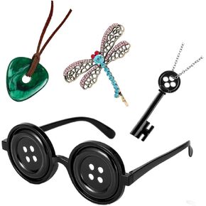 Coraline Button Eyes Glasses Key Pendant Seeing Stone Necklace Dragonfly Hair Clips Halloween Costume Accessories