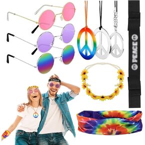 Hysagtek 9 Pcs 60s 70s Hippie Costume for Women, Hippie Accessories Set Hippie Sunglasses, Tie Dye Bandana Headband and Peace Sign Necklace