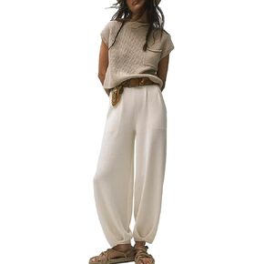 Womens 2 Piece Outfits Sweater Sets Short Sleeve Knitted Pullover Tops High Waisted Pants with Pockets