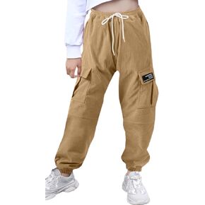 SANGTREE Girls & Women's Corduroy Cargo Pants Drawstring Elastic Waist Multi Pockets Trousers