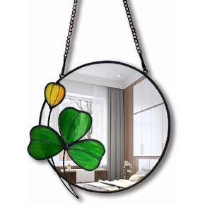 HolliveeyTiffany Style Stained Glass Window Panel with Mirror for Makeup Dresser, 12 inches sun Decorative Wall Hanging Small mirror