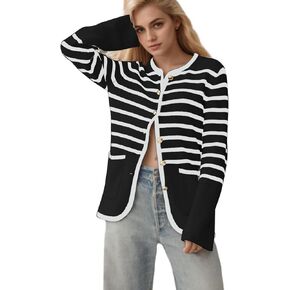 Womens Striped Cardigan Sweaters Button Down Crew Neck Trendy Long Sleeve Knit Button Up Jackets with Pockets