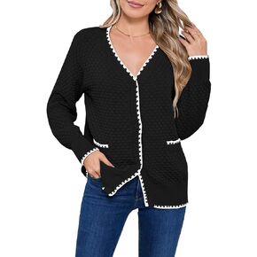 Pink Queen Women's Cropped Cardigan 2024 Long Sleeve V-Neck Button Down Knit Sweater Tops Open Front Lightweight
