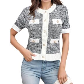 Womens Short Sleeve Sweaters Button Down Cropped Chunky Cardigan Sweaters Crewneck Tops