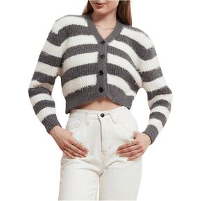 SHENHE Women's Striped Fuzzy Cardigan Button Down V Neck Long Sleeve Cropped Cardigan Sweaters
