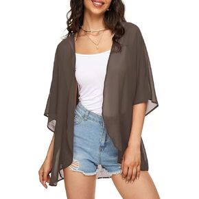 Indian Trendy Women's Solid Puff Sleeve Kimono Cardigan Loose Cover Up Casual Blouse Top Chiffon