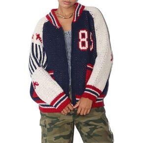 Women Y2k Knit Zip Up Cardigan Oversized Vintage Aesthetic 89 Number Varsity Chunky Knit Sweater Jacket Streetwear