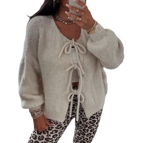 Yimoon Womens Y2K Bow Tie Front Cardigan Sweater Chunky Long Sleeve Open Front Oversized Cardigan Knitwear