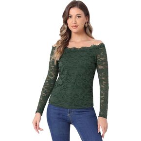Allegra K Off Shoulder Floral Lace Top for Women's Sheer Long Sleeves Slim Fit Casual Blouse