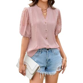 Theenkoln Womens Lace Sleeve Blouse:Lace Crochet Lantern Short Sleeve V Neck Button Down Summer Fashion Shirts