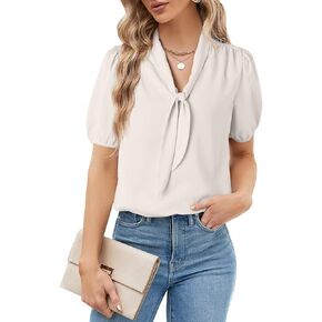 Happy Sailed Blouses for Women Dressy Short Sleeve Tie Knot V Neck Shirts Business Casual Tops