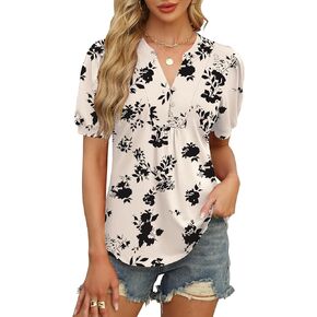 IECCP قمصان نسائية بأكمام قصيرة منتفخة قمصان صيفية غير رسمية برقبة على شكل حرف v وأزرار سفلية ذات ثنيات تي شيرت فضفاض مناسب بلوزات تونيك in Kuwait