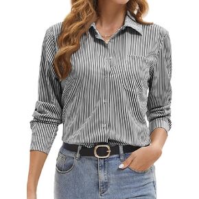 Wrinkle Free Striped Button Down Shirt Women Collared Long Sleeve Blouse Business Work Tops with Pocket