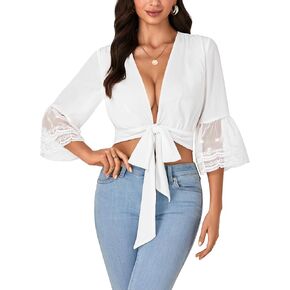 LYANER Women's Sexy Tie Front Shirt Deep V Neck Lace Short Sleeve Wrap Crop Top Blouse
