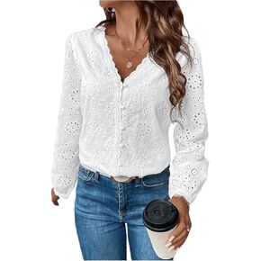 MakeMeChic Women's Going Out Tops Eyelet Embroidery Button Down Shirts Long Sleeve V Neck Blouse Tops