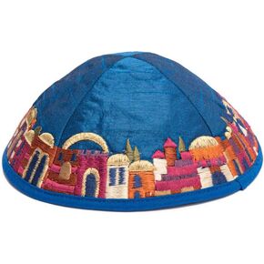 Blue Embroidered Jerusalem Design Kippah