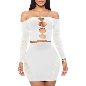 MOEENCN مثير قطعتين الزي شبكة منظور لصق الجوف خارج قبالة الكتف تنورة طويلة الأكمام مجموعات نادي الحفلات الليلية in Kuwait