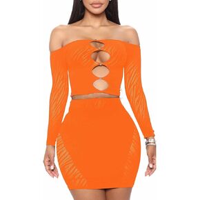 MOEENCN Sexy Two Piece Outfit Mesh Perspective Splice Hollow Out Off Shoulder Long Sleeve Skirt Sets Party Club Night