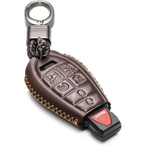 Vitodeco Genuine Leather Smart Key Fob Case Cover Protector with Leather Key Chain Compatible for 2013 - 2020 Dodge Grand Caravan (7-Button, Black/Red)