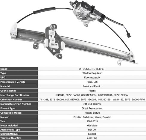 741-348 Front Left Driver Side Power Window Regulator and Motor Assembly Compatible with 2005-2015 Nissan Frontier/Xterra, 2005-2010 Nissan Pathfinder, 2009-2010 Suzuki Equator in Saudi Arabia