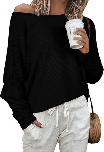 IWOLLENCE Women's Loose Long Batwing Sleeve Shirt Tops Knitted Off The Shoulder Lightweight Fall Blouses in Saudi Arabia