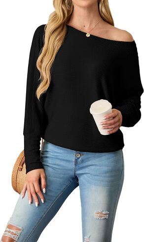 IWOLLENCE Women's Loose Long Batwing Sleeve Shirt Tops Knitted Off The Shoulder Lightweight Fall Blouses in Saudi Arabia