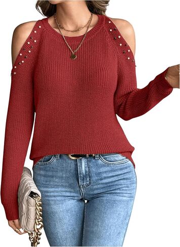 MakeMeChic Women's Pearls Cold Shoulder Crew Neck Cut Out Long Sleeve Sweater Pullover Top in Saudi Arabia