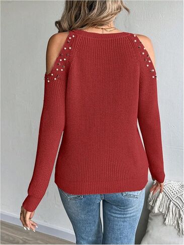 MakeMeChic Women's Pearls Cold Shoulder Crew Neck Cut Out Long Sleeve Sweater Pullover Top in Saudi Arabia