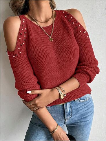 MakeMeChic Women's Pearls Cold Shoulder Crew Neck Cut Out Long Sleeve Sweater Pullover Top in Saudi Arabia
