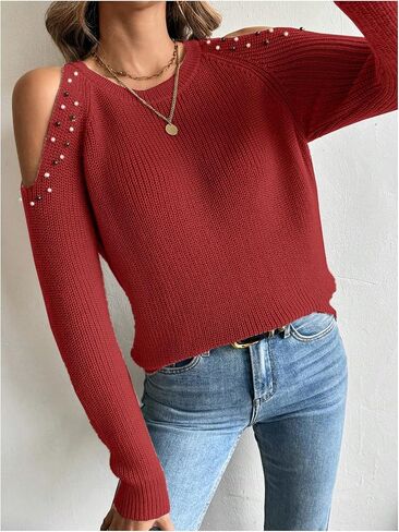 MakeMeChic Women's Pearls Cold Shoulder Crew Neck Cut Out Long Sleeve Sweater Pullover Top in Saudi Arabia
