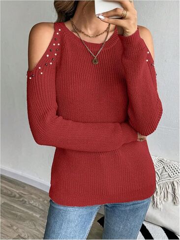 MakeMeChic Women's Pearls Cold Shoulder Crew Neck Cut Out Long Sleeve Sweater Pullover Top in Saudi Arabia