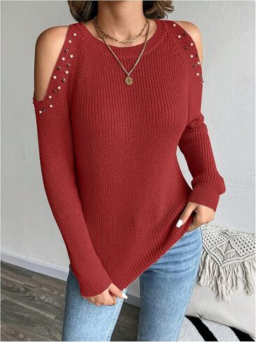 MakeMeChic Women's Pearls Cold Shoulder Crew Neck Cut Out Long Sleeve Sweater Pullover Top in Saudi Arabia